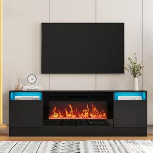 Garvee 70" Black TV Stand for Living Room  Modern Wooden TV Console Table with Storage Cabinet, Fits TVs up to 75", Compatible with 36" Electric Fireplace (Fireplace Not Included)