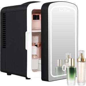 Iceblue Mini Fridge, Skincare Fridge with Dimmable LED Light Mirror, 4 Liter /6 Cans Small Refrigerator for Beauty & Beverages,Mini Fridge for Bedroom, Car, Office & Dorm, Gift - Black
