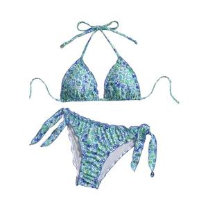 COZYEASE Women's 2 Piece Bikini Sets Floral Boho Halter Triangle Bathing Suit Tie Side Cheeky Swimsuits (Blue Green, X-Small)