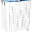 Collapsible Laundry Baskets With Wheels,Laundry Hamper,Foldable Rolling Laundry Basket Plastic With Handles& Breathable, 62L(16Gallon) White