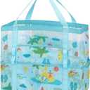 Fammart Mesh Beach Bag, Large Beach Tote with Zipper Pocket, Toys Pool Bag for Family Travel Vacation Cruise Essentials (Large - Coconut Tree)