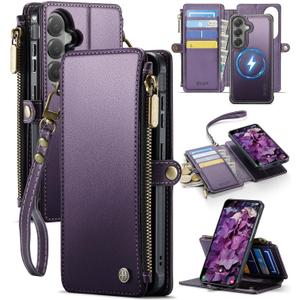 For Samsung Galaxy S26 Wallet Case Magnetic [Compatible with Magsafe] [RFID Blocking Card Holder] [Zipper] [Strap] Detachable Drop-Proof Protective Phone Cases for Galaxy S26-6.3", Purple