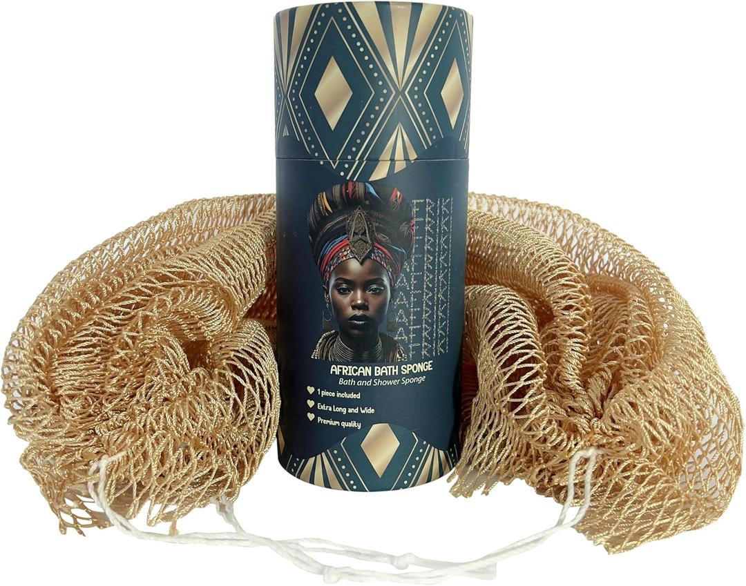 AFRIKI African Net Sponge  Exfoliating Body Scrubber, Black Owned & Rooted in Africa, All Skin Types | 45 in Long (Champagne Gold)