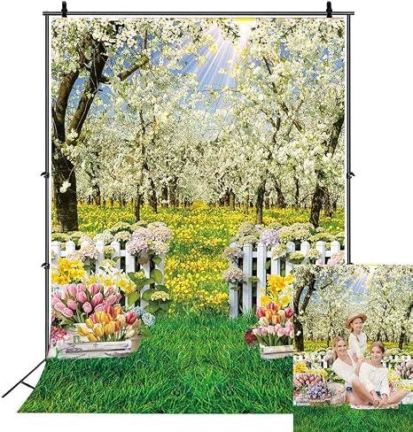 Spring Backdrop White Flowers Forest Tree Spring Garden Natural Scenery Easter Photography Background Kids Baby Shower Wedding Birthday Party Decorations Banner Photo Props (5x7FT)