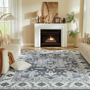 8 x 10 Area Rugs for Living Room, Machine Washable Area Rugs Boho Faux Wool Low Pile Area Rug for Bedroom, Floral Medallion Vintage Rugs with Non-Slip Rubber, Kid & Pet Friendly, Grey White