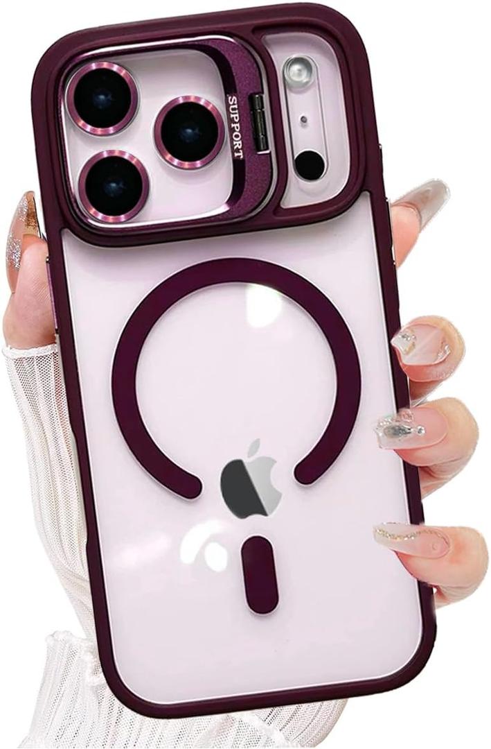 for iPhone 17 Pro Max Magnetic Case with Kickstand, [Compatible with MagSafe] Built in Stash Stand Clear Shockproof Soft Cover Camera Lens Protection Case for iPhone 17 Pro Max 6.9", Wine Red