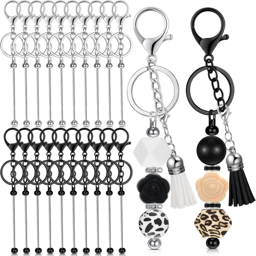 20 Pcs Beadable Keychain Bars Metal Beaded Blank Keychains Charms DIY Keychain Supplies Bulk for DIY Pendant Jewelry (Silver, Black)