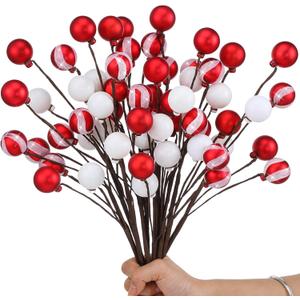 10 Pack 14 inch Red and White Christmas Tree Picks Candy Cane Christmas Ornaments Decorations Glitter Berry Stems with Balls for Xmas Tree Vase Fillers Table Decor Holiday Craft