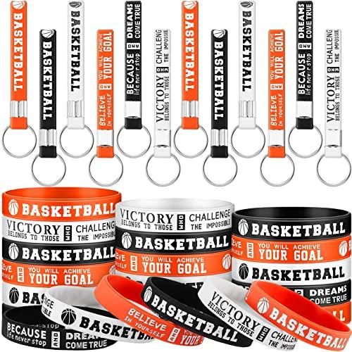 Sosation 24 Pcs Basketball Party Favors Basketball Motivational Silicone Wristband Rubber Bracelets Keyrings 12 Motivational Basketball Keychain 12 Inspirational Basketball Wristband For Men Women