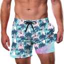 Cozople Men's Swim Trunks with Compression Liner 5.5" Inseam Quick Dry Bathing Suit Boxer Brief Lined Swim Shorts Swimwear (X-Large, A-flamingo Tree)