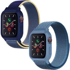 Band with Case Compatible with Kids Apple Watch Band 38/40/41/42mm-Series 10/11, Silicone Bumper with Sport Loop Nylon Strap for Boys Girls (Yellow Blue+Cape Blue)
