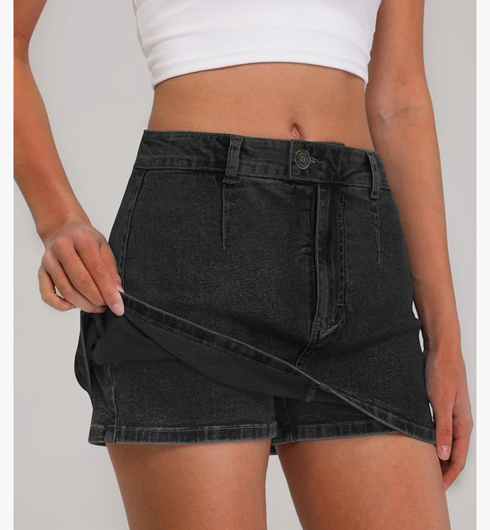 IWD Denim Mini Skirt for Women Low Waisted Jean Micro Skort with Shorts Stretch Casual Jean Skirt L