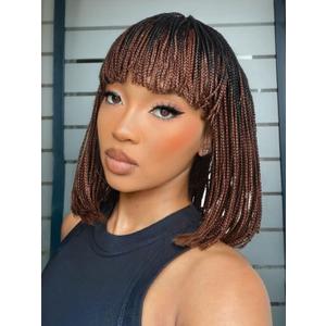 Fancy Hair Braided Wigs for Black Women Short Box Braid Wig with Bangs Synthetic Bob Braid Wig for African American Women (14, Brown)