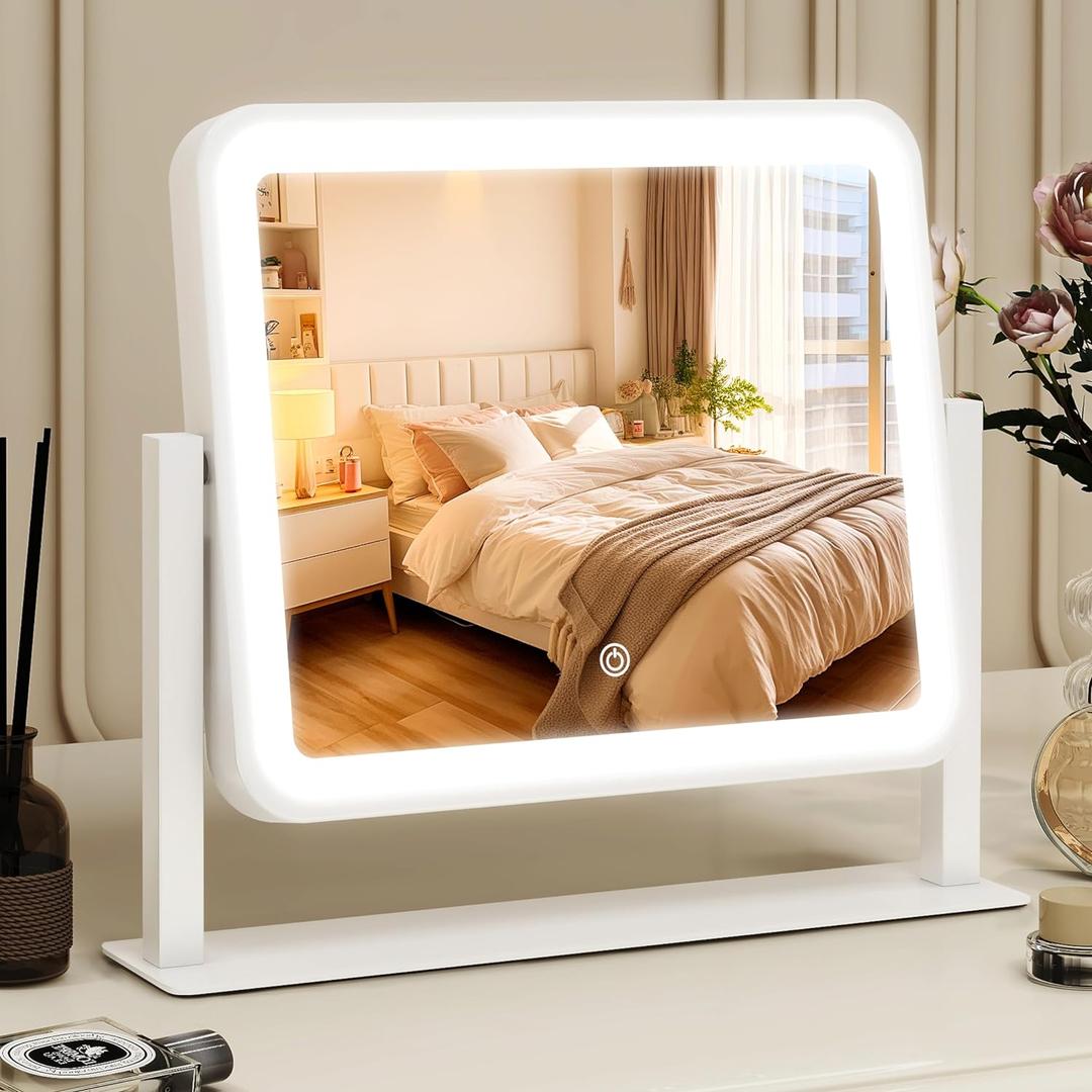 Vanity Mirror with Lights, 14"12" LED Makeup Mirror, Lighted Makeup Mirror with Lights, Smart Touch Control 3 Colors Dimmable, Lighted Up Mirror for Makeup Desk, Bedroom, 360 Rotation (White)