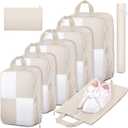 8 Set Compression Packing Cubes for Travel, Expandable Waterproof Travel Organizer, Lightweight Luggage Organizer with Shoes & Laundry Bags, Travel Accessories for Men Women, Beige