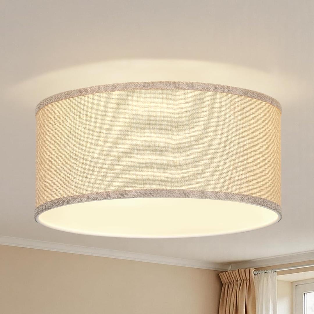 13 Inch Flush Mount Ceiling Light with Burlap Linen Drum Shade, Semi Flush Mount Ceiling Fixture, 3-Light Drum Light Fixture, Rustic Farmhouse Style for Bedroom, Living Room, Hallway, Entryway (Beige)