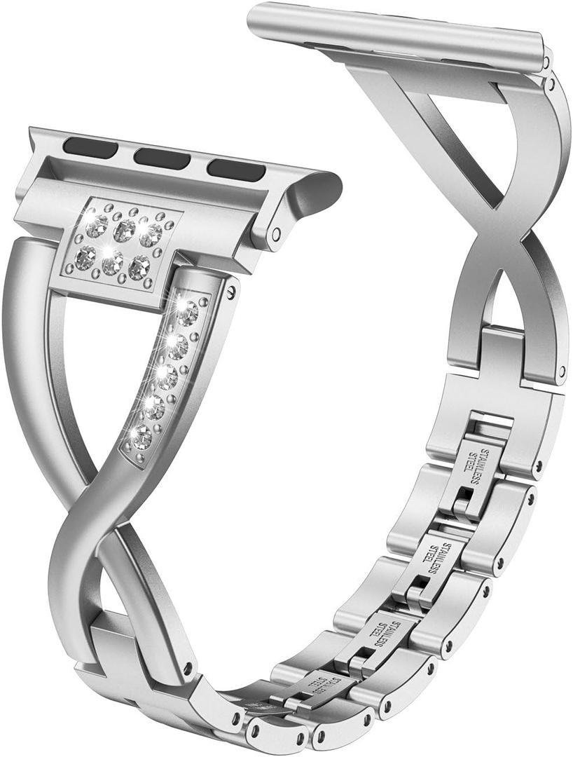 Wearlizer Silver Bling Compatible with Apple Watch Band 38mm 40mm 41mm for iWatch SE Rhinestone Strap Stainless Steel X Wristband Fashion Beauty Replacement Metal Removal Buckle Series 8 7 6 5 4 3 2 1