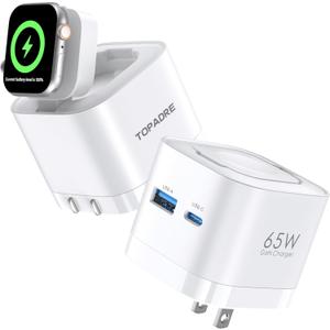 65W Charger for Apple Watch, 3-in-1 PD USB C Charger Block Fast Charging, Compact Foldable Wall Charger for iWatch Series 11/10/9/8/7/6/Ultra/SE, for MacBook Pro/Air, iPhone 17/16 Pro, White