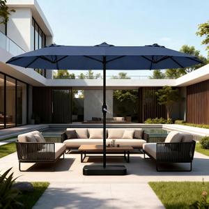 15ft Large Patio Umbrellas with Base Included, Outdoor Double-Sided Rectangle Market Umbrella with Stand, Outside Umbrellas for Poolside Lawn Backyard
