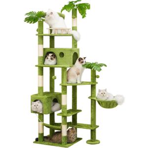 77in Cat Tree with Leaves for Indoor Cats Large Adult,Tall Cat Tower with Scratching Post, Large Cat Tree with Two Cat Condos, Soft Hammocks, Padded Perches for Heavy Duty Big Cats, Green