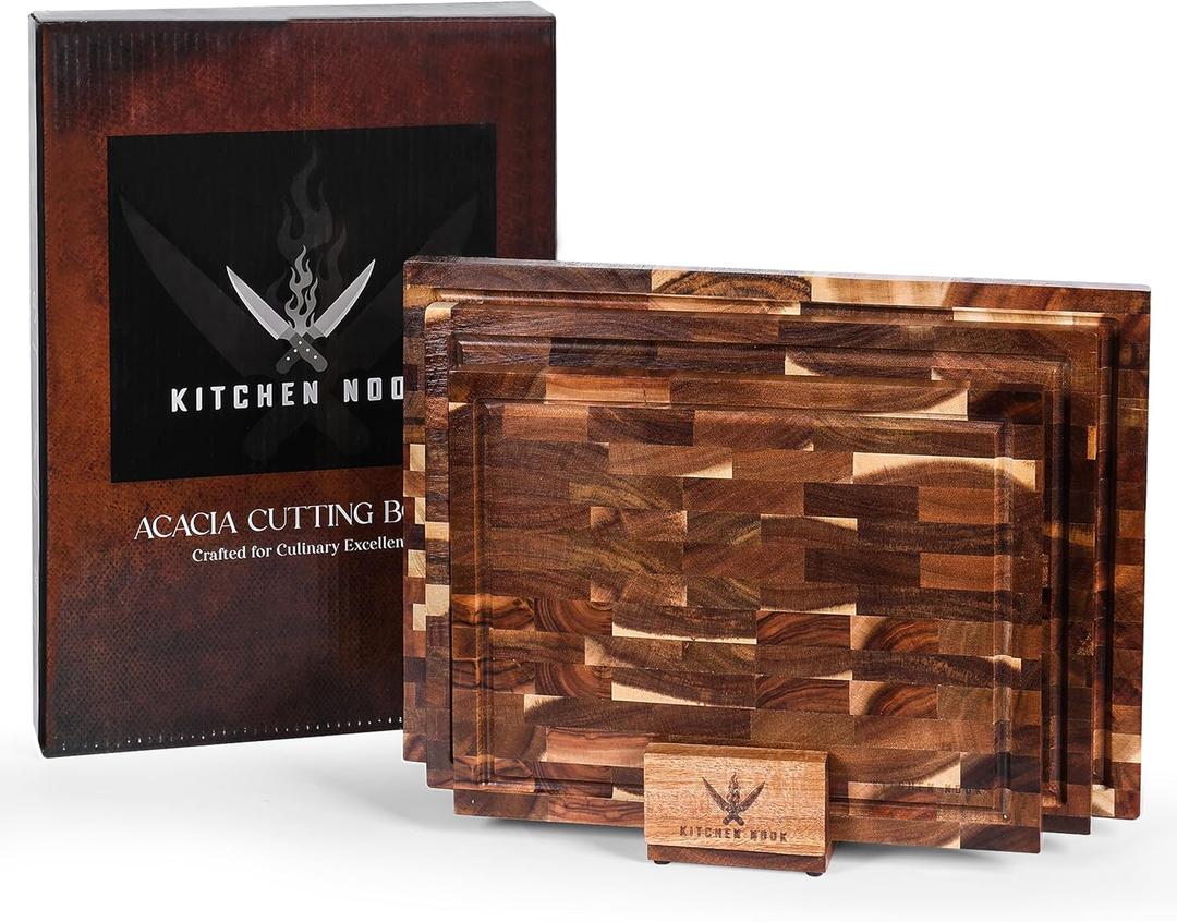 Acacia Wood Cutting Board Set - 3 Piece Acacia Cutting Board with Holder, Knife Friendly, Dual Sided, Built-in Handles, & Juice Grooves | 13, 15, & 17 Non Toxic Cutting Boards for Kitchen