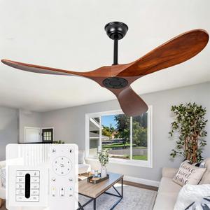 52 Inch Wood Ceiling Fan no Light, Outdoor Ceiling Fans Without Lights with Remote Control, 3 Blades Outdoor Walnut Propeller for Patio, Indoor, Living Room, Bedroom, Porch, Farmhouse