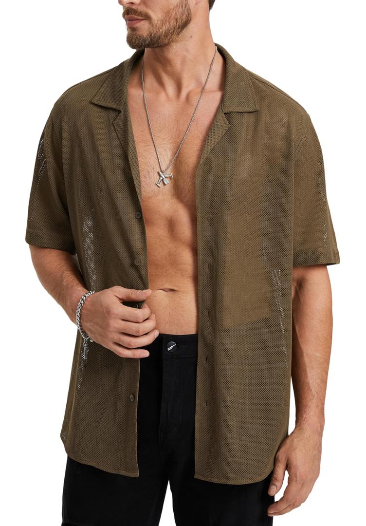 HISDERN Mens Sheer Shirts Brown Short Sleeve Casual See Through Lace Shirt Collared Fishnet Beach Mesh Shirt Men's Summer Button Down Sexy Top (L)