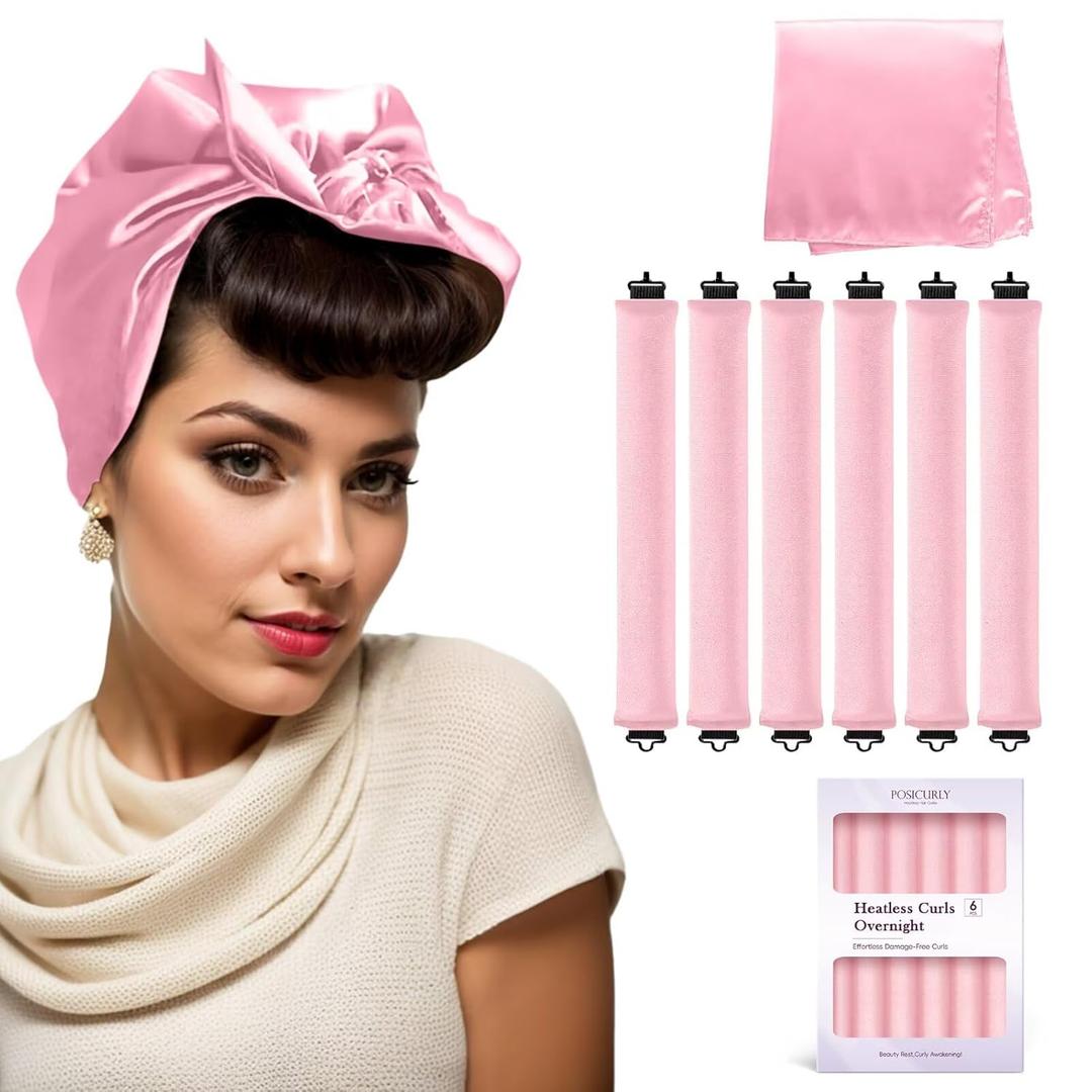 Overnight Hair Curlers Heatless Curls - 6 Pcs No Heat Blowout Curling Rods to Sleep In with Satin Hair Scarf