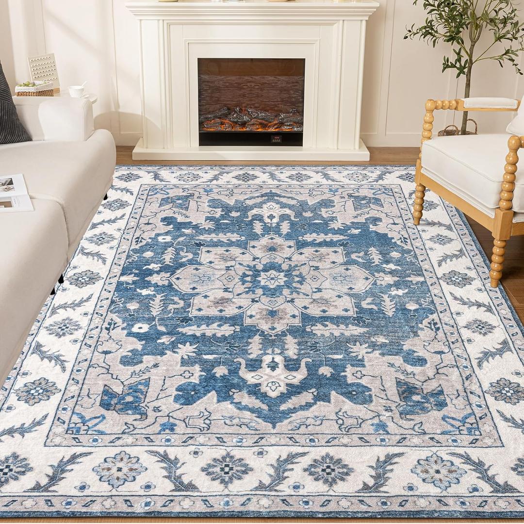 Living Room Rug 8x10 Machine Washable Navy Blue Vintage Bedroom Rugs with Rubber Backing - Oriental Large Indoor Soft Floor Carpet for Dining Room Under Table Home Office