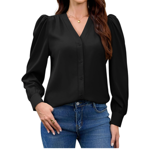 Blouses for Women Business Casual Tops Satin Silk V Neck Long Sleeve Button Down Shirts Work Blouses(Size M)