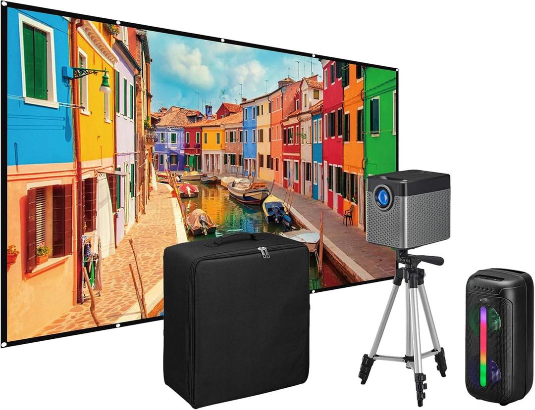 iLive Cinema Pop-Up Film Kit, 720p Projector with 120 Inch Screen, Bluetooth 5.0 Speaker, HDMI/USB/3.5mm, Black, Portable Theater, 21.5 x 17 x 19 cm