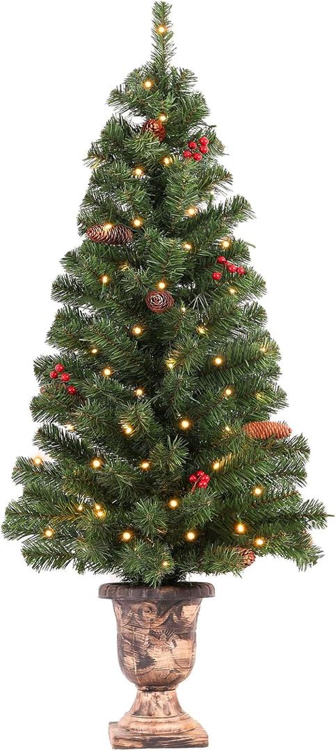 4FT Pre-lit Artificial Potted Christmas Tree with 50 LED LightsSmall Fake Spruce Tree,Xma Pine Cones Tree Decorated with 140 Branch Tips, Pine Cones&Red Berries, Plug in