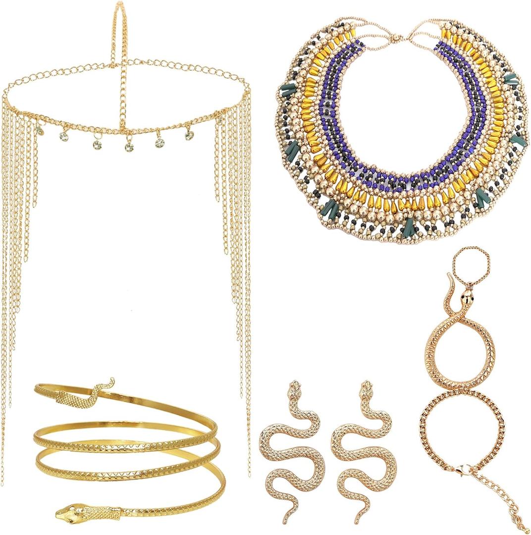 Heliltd 5Pcs Egyptian Costume Accessories Set Include Tassel Egyptian Headpiece for Women Golden Snake Arm Cuff Necklace Bracelet Earrings for Cosplay Party
