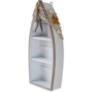 Linfevisi Wood Boat Shelf Decor Beach Theme Standing Boat Shelf Wooden Boat Decor Boat Book Shelf Nautical Decor Standing Boat Display with Net Starfish Seashell Accent Home Decor for Bathroom 16.5"