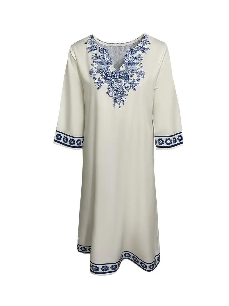 Women's Loose Casual Seven-Sleeve V-Neck Festival Vintage Style Dress Four Seasons Dress Women's Fashionable Outfit, Size: XXL