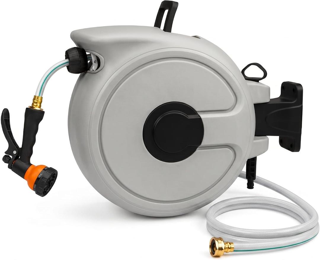 Fevone 100ft Retractable Garden Hose Reel - Heavy Duty Wall Mounted Water Hose with Any-Length Lock & Automatic Rewind, 180 Swivel Bracket, 7-Pattern Nozzle for Yard & Car Washing