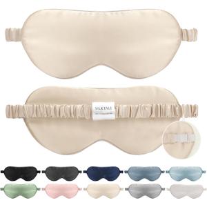 100% Mulberry Silk Eye Mask for Sleeping with Silk Wrapped Adjustable Strap,Beige