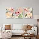Floral Wall Art Set of 3, Framed Vintage Pink Flower Canvas Paintings, Rustic Country Decor Poster for Living room, office, bedroom 16x24 Inch Each, Ready to Hang