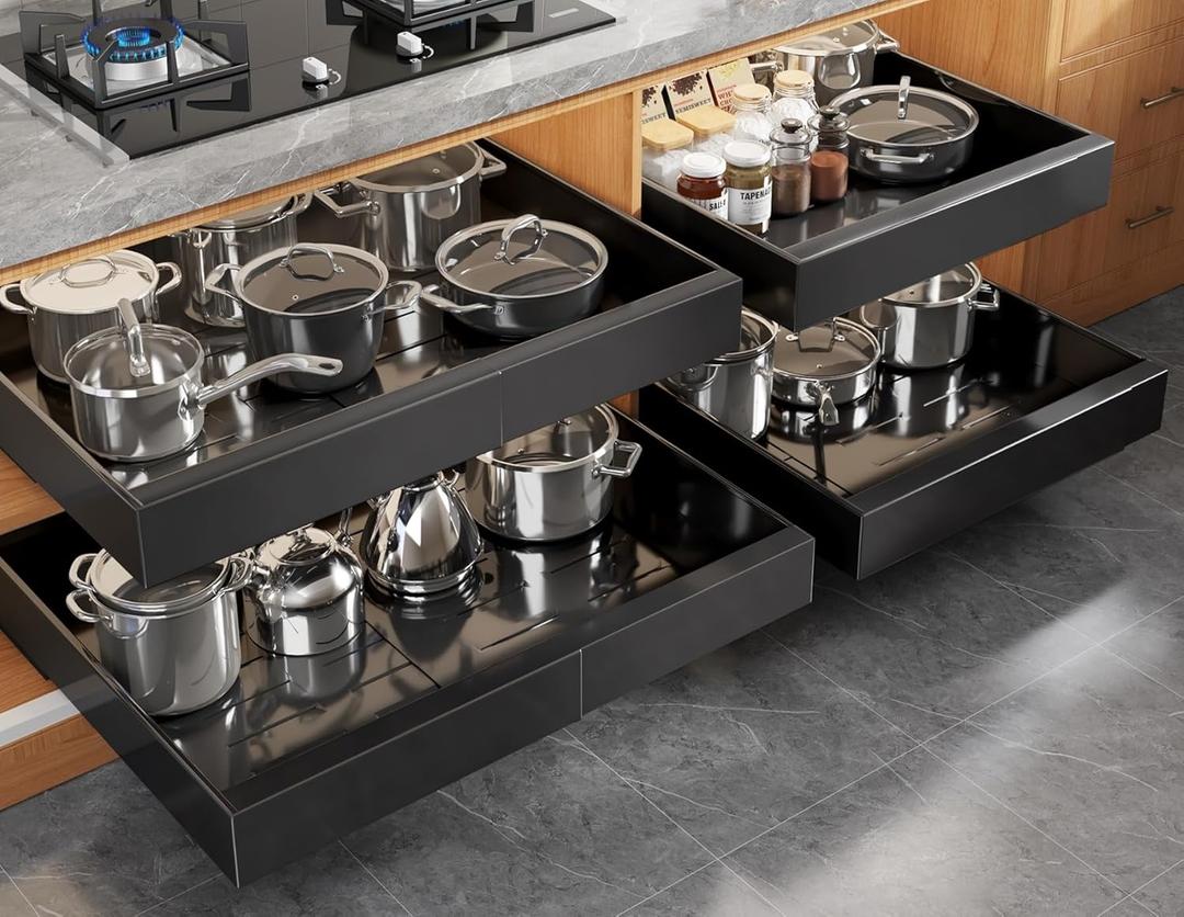 Seinloes 4 Pack Expandable Pull Out Cabinet Organizer 21"Deep With Raising Pad for Framed Cabinets,Upgrade 3 Slide Rails Slide Out Drawers,No Drill Roll Out Shelves,Adjustable Width 15.1"-26.3" Black