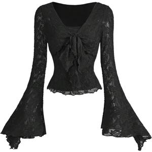 Verdusa Women's Y2K Tie Front Tops Bell Sleeve Floral Print Mesh Tops Long Sleeve Shirts 2000s Clothing (Black)