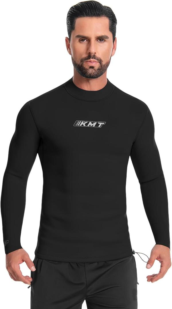 KMT Mens Wetsuit Top Long Sleeve 2mm Neoprene Shirt Zipperless (Large, Black)