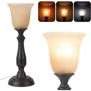 HonoDing Farmhouse Table Lamp for Living Room, Nightstand Lamp with Alabaster Glass Shade, Iron Brushed Nickel Desk Lamp for Living Room Reading Bed Side End Table, Bedroom, Office, Reading Lamp (Dark Brown)