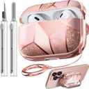 with Safety Lock for AirPods Pro 2nd/1st Generation Case Cover, Cute Floral AirPod Pro 2 Case Hard iPod Pro Case for Women Girly for AirPod Pro Case (2023 USB-C/2022/2019) - Pink Gold Marble