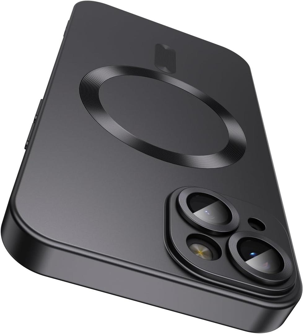 LEKEVO Magnetic for iPhone 14 Plus Case [Compatible with MagSafe][Built-in Camera Lens Protector] Slim Soft Silicone Bumper Shockproof Metallic Luster Phone Case (Black)