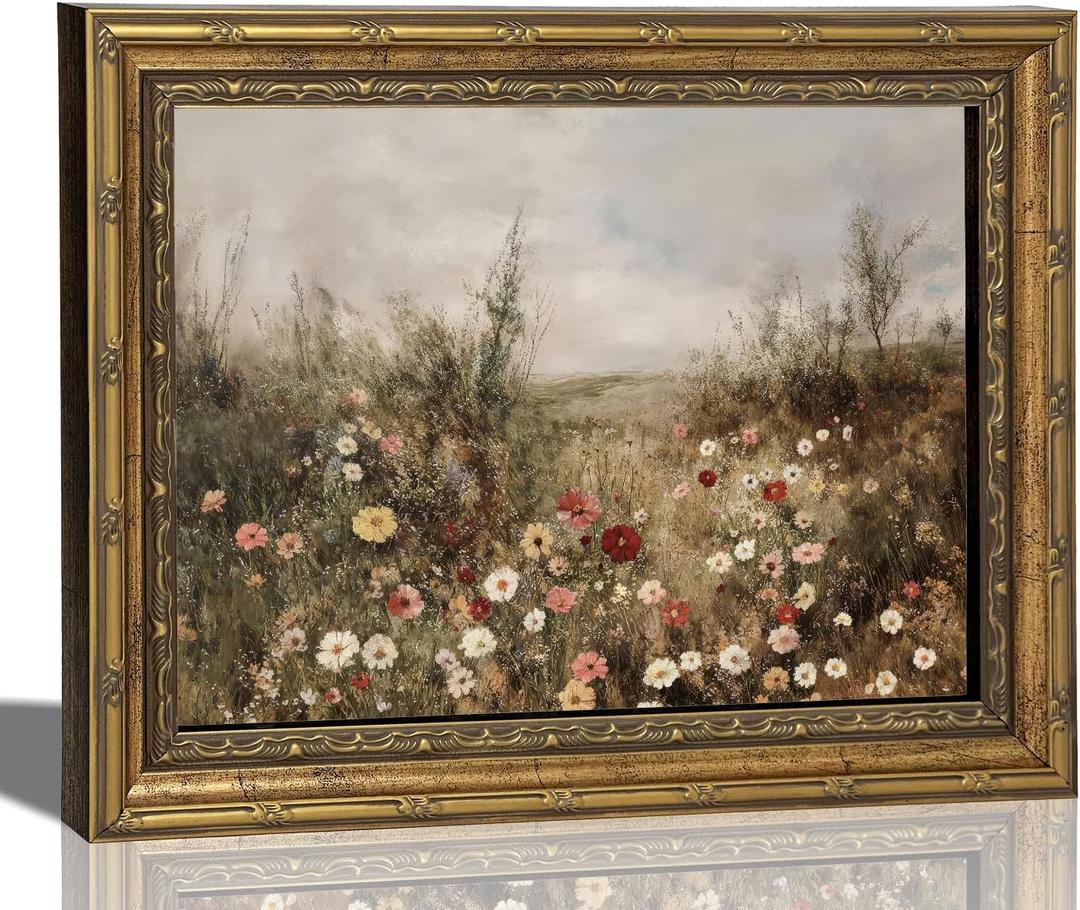 Vintage Gold Framed 3D Textured Wildflower Canvas Wall Art Country Natural Flowers Poster Print Artwork Colorful Wildflowers Painting Picture Wall Decor for Living Room Bedroom Home Decoration 12x16in