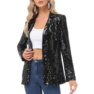 KANCY KOLE Women's Sequin Jackets Open Front Blazer Jacket Casual Long Sleeve Sparkly Cardigan Coat with Pocket (XXL, Black)