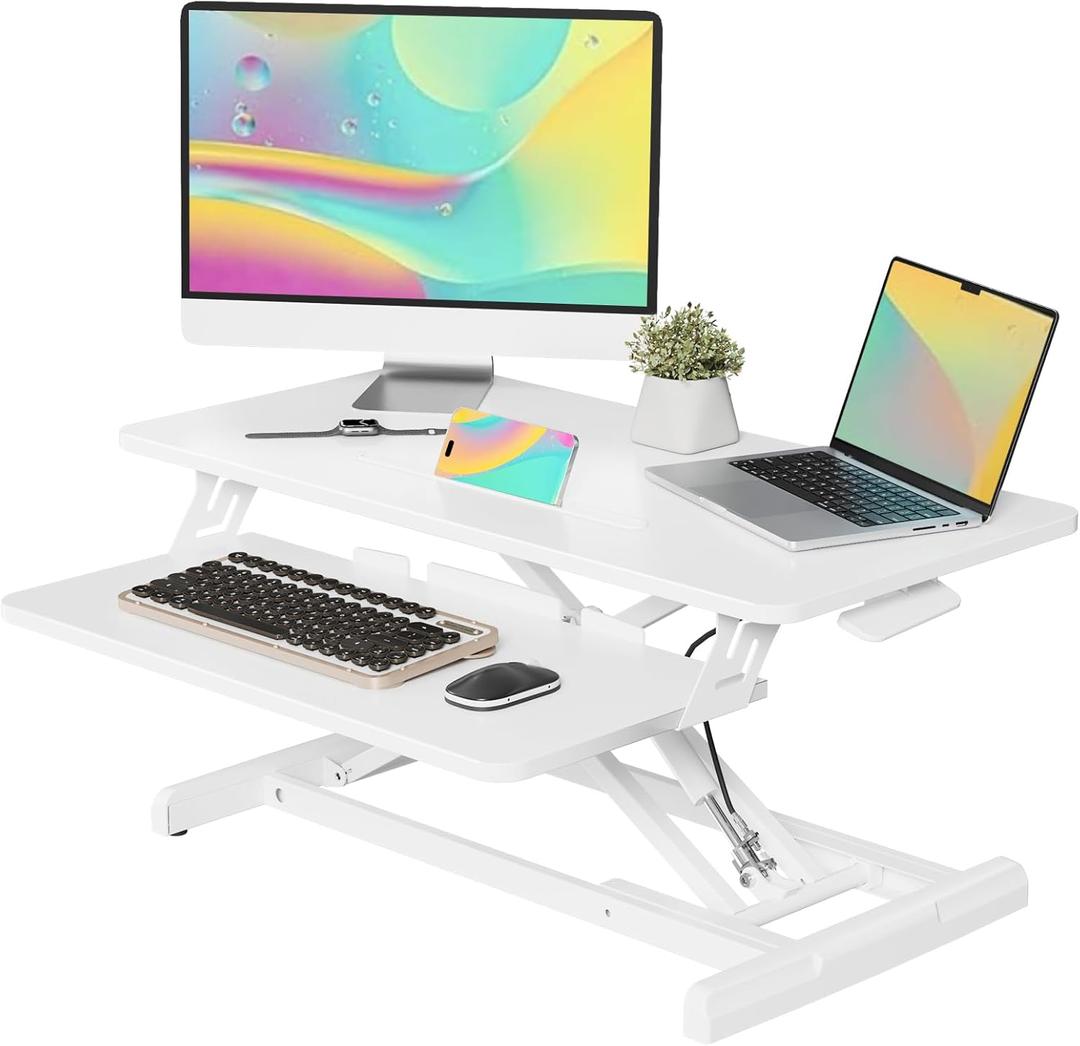 JOY worker Standing Desk Converter, 32" Wide Height Adjustable Sit Stand Up Desk Riser with Keyboard Tray, Desktop Workstation Riser for Home Office Computer Laptop, Particle Board, White