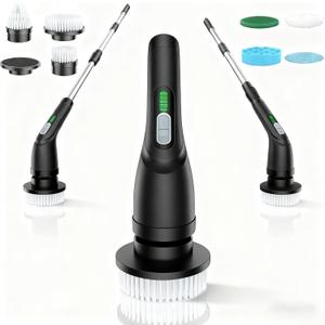 Shower Scrubber with Long Handle - Bathroom Power Electric Spin Scrubber for Cleaning Bathtub with 7 Brush Heads - Cordless IPX7 Waterproof Automatic for Grout, Tile, Tub, Toilet, Car (Black)