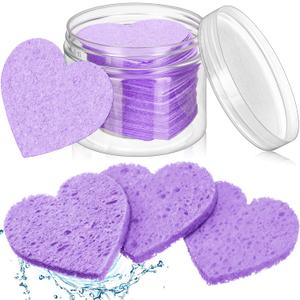 Nuenen 60 Pieces Facial Sponges with Container, Heart Shape Compressed Face Sponges Natural Cleaning Pads for Washing Face Cleaning Exfoliating Esthetician Makeup Removal (Purple)