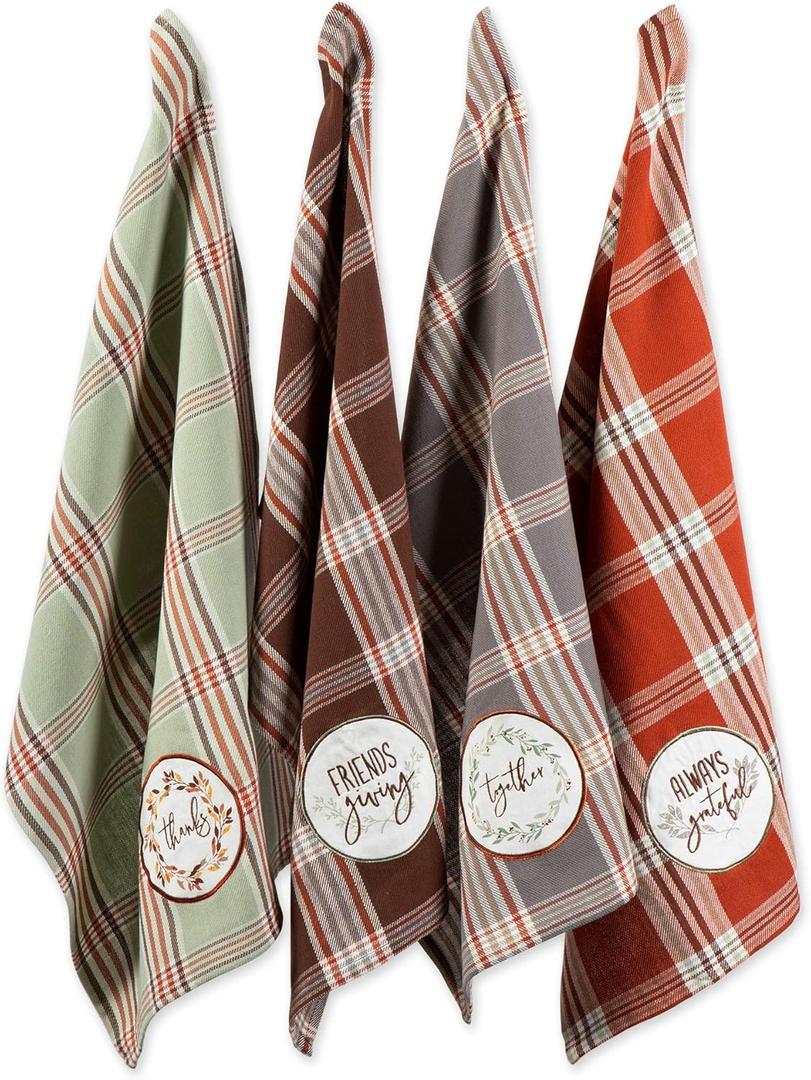DII Thanksgiving Fall Kitchen Towels Collection Decorative Embellished Dish Towel Set, 18x28, Cozy Picnic Plaid, 4 Count